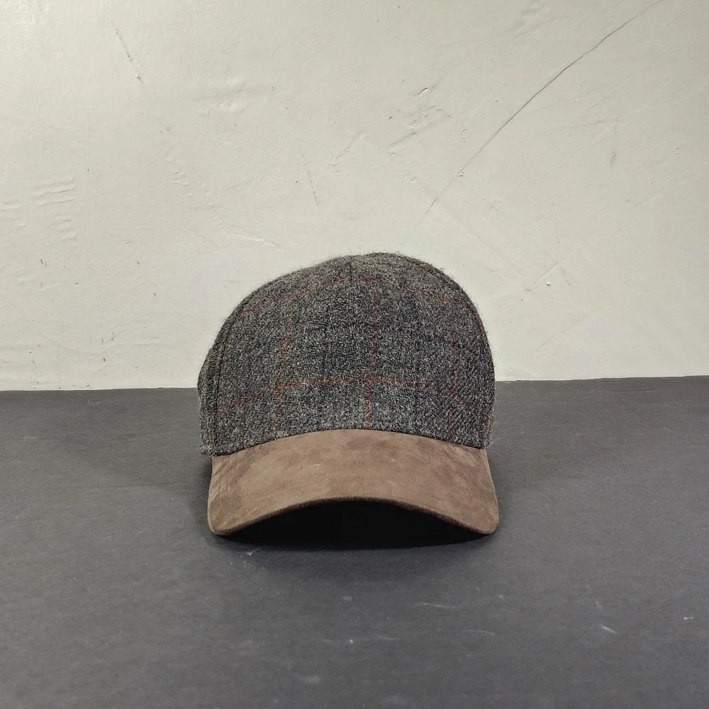 Crown Cap Canada Plaid Wool Baseball Hat Suede Bill Strapback Premium Grey Brown